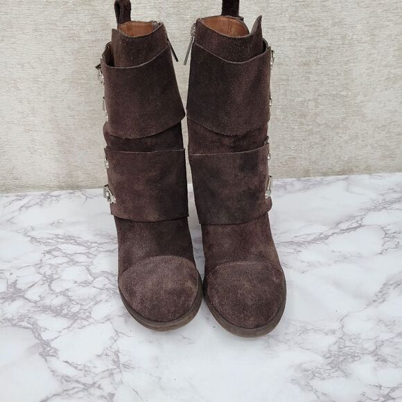 Donald J Pliner Dorria Brown Suede Silver Buckles Mid Calf Block Heel Boots - Picture 8 of 15